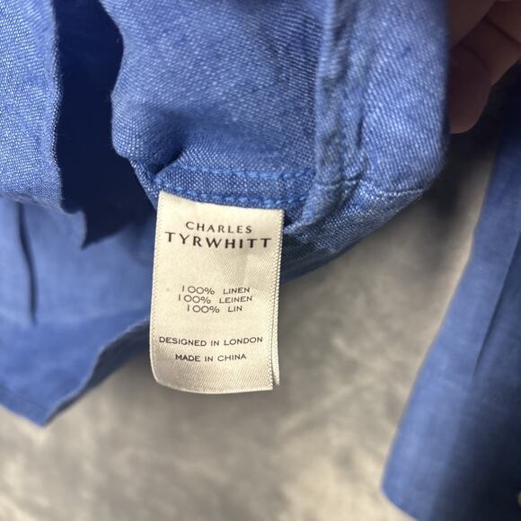 Charles Tyrwhitt Shirt Men XL Linen Slim Fit Button Up L/S Dress Shirt Blue - Picture 3 of 7